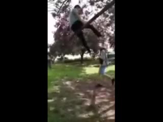 caught on a branch with his pants